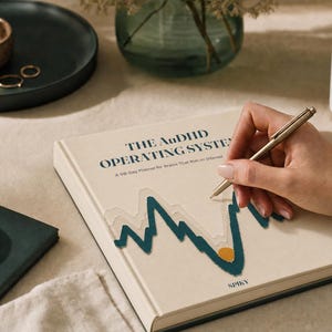 May include: A beige hardcover planner titled THE AuDHD OPERATING SYSTEM: A 90-Day Planner for Brains That Run on Interest. The cover features a dark teal jagged line graphic, a small yellow circle, and the word SPIKY printed in dark blue ink.