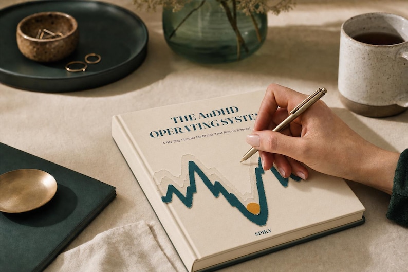 May include: A beige hardcover planner titled THE AuDHD OPERATING SYSTEM: A 90-Day Planner for Brains That Run on Interest. The cover features a dark teal jagged line graphic, a small yellow circle, and the word SPIKY printed in dark blue ink.