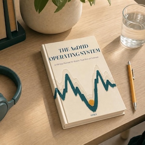 May include: A cream-colored book titled The AuDHD Operating System: A 90-Day Planner for Brains That Run on Interest, featuring a dark teal graphic of a wave pattern and a small yellow circle, with the word SPIKY printed at the bottom.