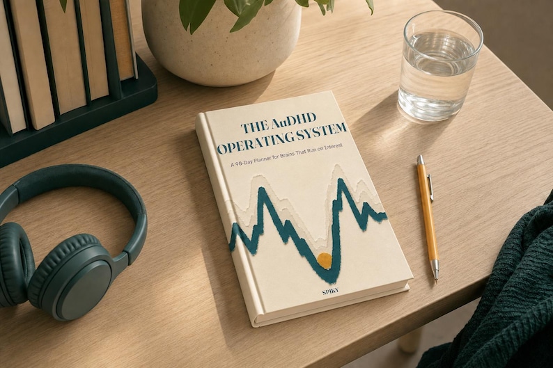 May include: A cream-colored book titled The AuDHD Operating System: A 90-Day Planner for Brains That Run on Interest, featuring a dark teal graphic of a wave pattern and a small yellow circle, with the word SPIKY printed at the bottom.