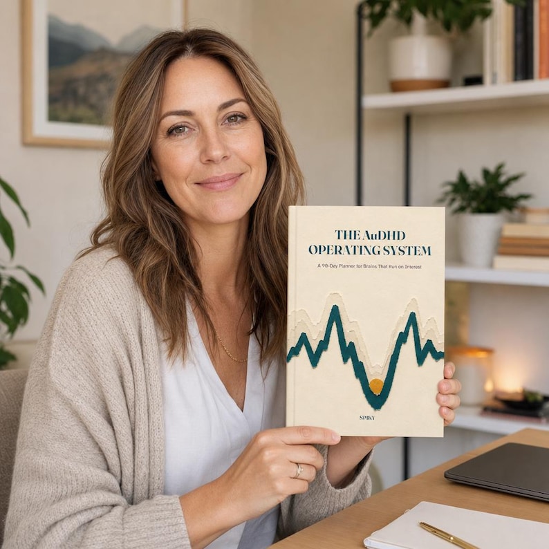 May include: A hardcover book titled The AuDHD Operating System: A 90-Day Planner for Brains That Run on Interest. The cover is cream-colored with a dark teal and light beige mountain-like wave graphic and a small yellow circle at the bottom center.