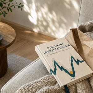 May include: A hardcover book titled The AuDHD Operating System: A 90-Day Planner for Neurodivergent Interests. The cream-colored cover features a layered mountain graphic in shades of teal and beige with a small yellow sun, and the word SPIKY at the bottom.