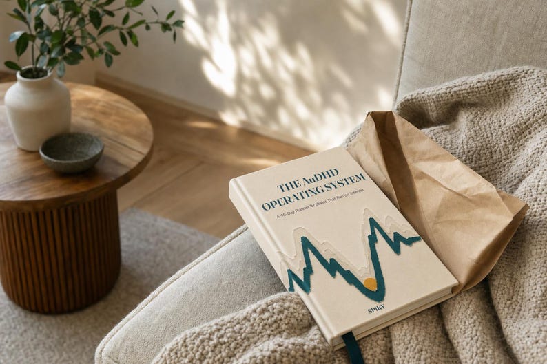 May include: A hardcover book titled The AuDHD Operating System: A 90-Day Planner for Neurodivergent Interests. The cream-colored cover features a layered mountain graphic in shades of teal and beige with a small yellow sun, and the word SPIKY at the bottom.