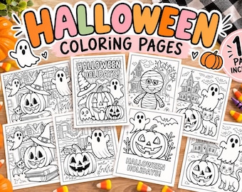 May include: A collection of 10 Halloween coloring pages featuring black and white line art of pumpkins, ghosts, cats, bats, and haunted houses. The title text reads HALLOWEEN COLORING PAGES and HALLOWEEN HOLIDAYS, with a circular badge stating 10 PAGES INCLUDED.