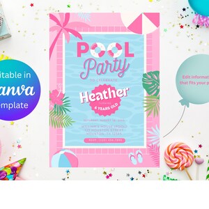 Pool Party Pink Invitation | Canva Editable | Summer Birthday Party | Digital Text Invitation | Pool Party Invitation | Electronic Invite