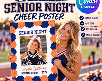Puede incluir: Una plantilla de Canva editable de 61 por 76 cm para un póster de porristas de Senior Night. El diseño presenta un fondo blanco con un borde de abanicos de papel naranja y azul marino, con texto que dice Senior Night, Jayden Williams y Varsity Cheer 2027.