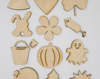DIY Unfinished Wood Seasonal Shapes: Interchangeable Home Sign 12 Piece set (4 inch)