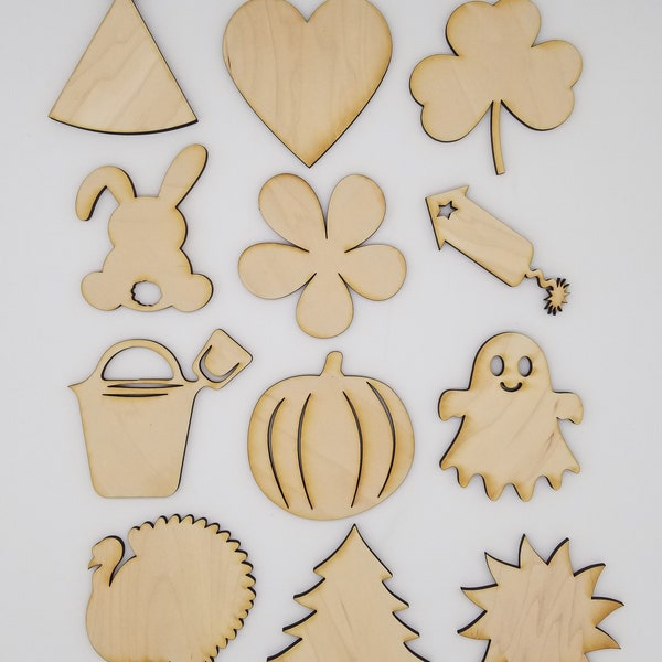 1 Set Of 12 4" DIY Interchangeable Unfinished Wood Seasonal Pieces Only, Shapes for Home Sign Kit Parties, (Sign NOT Included)