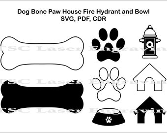 Dog Paw Print SVG Bundle: Bone, House, Fire Hydrant (Digital Files)