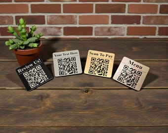 Custom QR code sign for businesses. Contactless menu, reviews, social media or website links in one professional scan display.