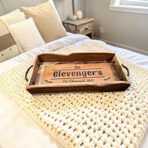 Personalized Walnut Serving Tray, Custom Live Edge Wood Tray, Engraved Leather Inlay,  Award Trophy