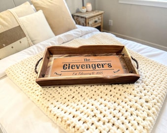 Personalized Walnut Serving Tray, Custom Live Edge Wood Tray, Engraved Leather Inlay,  Award Trophy