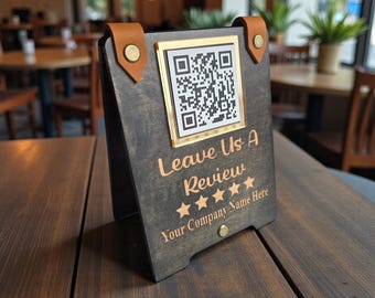 QR Code Business Sign, Social Media, Payment & Google Review Display, Small Counter Sign, Scan To Pay, Custom Engraved, Rustic, Menu