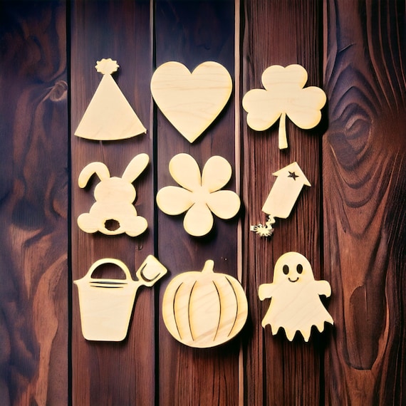 Individual pieces or 12 piece set 4" DIY Interchangeable Unfinished Wood Pieces Only, Shapes for Home Sign Kit Parties, (Sign NOT Included)