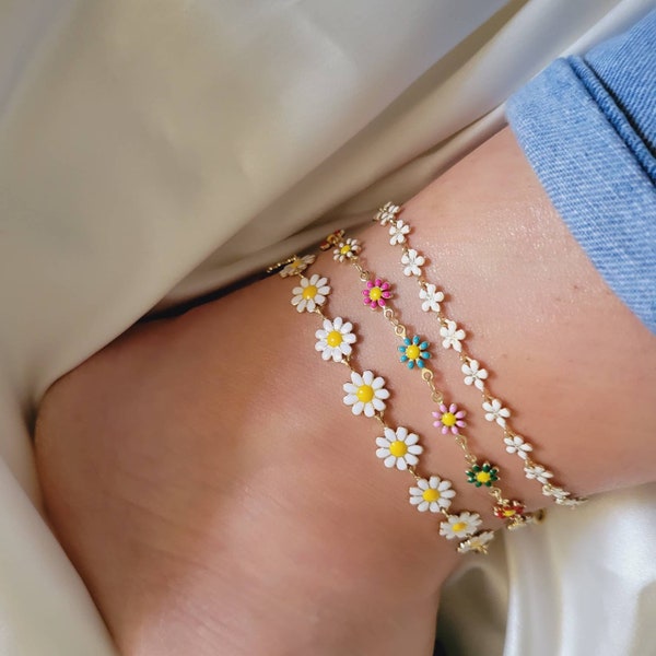 Multicolour Flower Charms Anklet, Summer Jewelry, Summer Indie Boho Daisy Floral adjustable Anklet, Dainty Anklet for Women, Bracelet Set