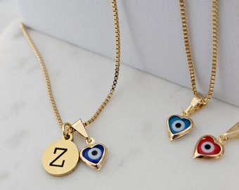 18K Gold Filled Initial Necklace, Evil Eye Charm, Dainty Layering Jewelry