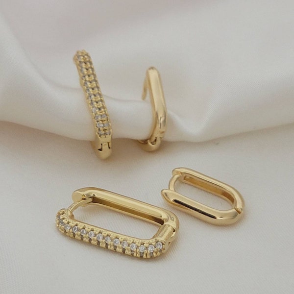 18k Gold Filled Oval hoop earrings Cz Rectangle Huggie Hoop Earrings Small Hoop Gold Filled Hoops Geometrical Earrings Rectangular Earrings