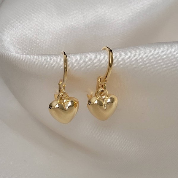 18K Gold FILLED Heart Earrings, Dangle Heart Earrings, Dainty Heart Earrings, Puffy Heart Huggies, Mini Puffy Heart Drops, Gold Hoop Earring