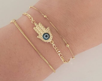 18K Gold Filled  Chain Bracelet Set, Protection Jewelry, Hamsa bracelet, Gold link bracelet, Gold Satellite Bracelet, Gold Figaro Bracelet