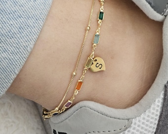 18k Gold Filled Gemstone Anklet Bracelet, Initial Charm