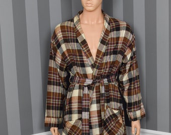 Vintage Men's Regency Brown Plaid Cotton Robe w/ Tie - XL