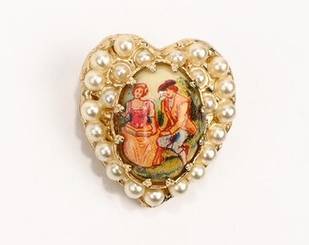 Vintage 60s Gold Tone KARU 5TH AVENUE Heart Shaped Pearl Brooch Pin w/ Victorian Scene