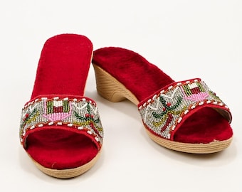 Vintage 50s/60s Tropical Beaded Peep Toe Red Faux Fur Mules House Shoes Slippers