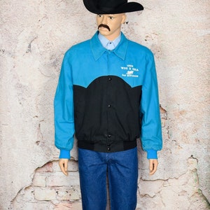 Vintage 90s West Ark Blue & Black Polyester &quot;Cutter Chariot Racing&quot; Snap Button Bomber Jacket - XL