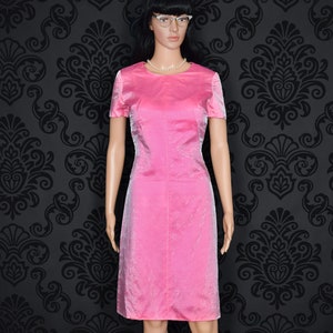 Vintage 50s Pink Satin w/ Sheer Overlay Sheath Short Sleeve Cocktail Dress