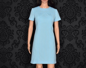 Vintage 60s Light Blue Polka-dot Short Sleeve Polyester Shift Mod Dress