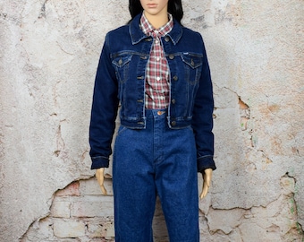 Vintage Women&#39;s 70s Wrangler Dark Wash Cropped Denim Western Jacket