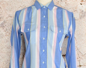 Vintage Women's 90s Mervyn's for Her Blue Striped Long Sleeve Button Up Shirt