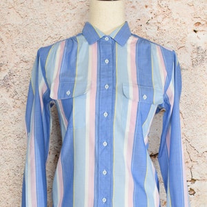 Vintage Women&#39;s 90s Mervyn&#39;s for Her Blue Striped Long Sleeve Button Up Shirt