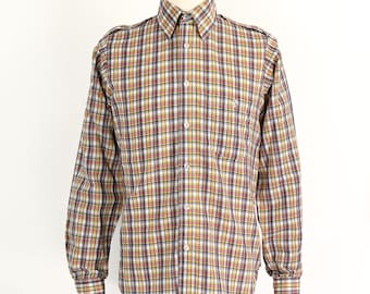 Vintage 70s Men's Lew Magram Plaid Long Sleeve Button Up w/ Epaulettes and Front Pocket