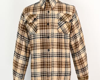 RARE Vintage 50s/60s Beige & Brown Plaid Flannel BRIARCLIFF C.P.O. Wool Italy Made Shirt Jacket - M