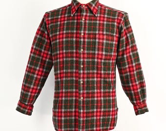 Vintage 60s/70s Red Plaid PENDLETON Virgin Wool Flannel Long Sleeve Shirt - L