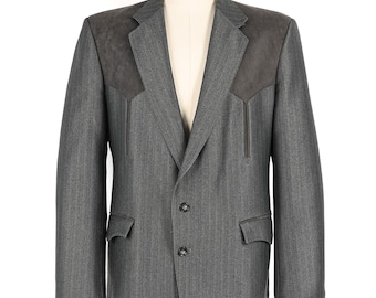 Chaqueta deportiva estilo western vintage de los años 70, gris a rayas, CIRCLE S, con canesú de gamuza sintética - 46 R