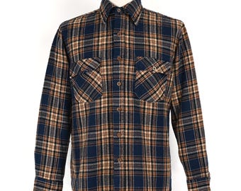 Vintage 80s/90s Men's Dark Blue & Brown Plaid JCPENNEY Long Sleeve Flannel Shirt - L Tall