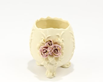 Vintage Porcelain Ivory & Pink Rose Footed Cracked Egg Vase