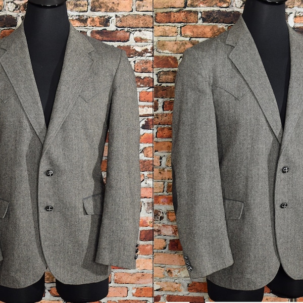 Vintage Men's 70's Brad Whitney Grey Tweed Western Suit Jacket w/ Elbow Patches - 42R