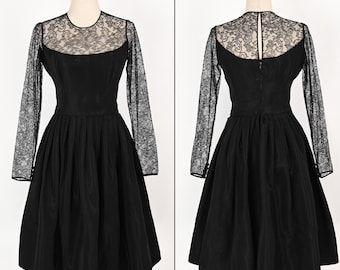 Vintage 90s Black Heavy Taffeta Lace JACQUES FATH PARIS Long Sleeve Fit & Flare Formal Dress