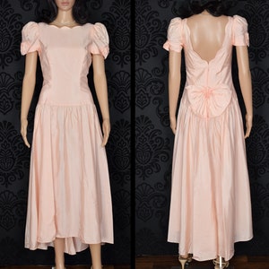 Vintage Women&#39;s 80&#39;s Alfred Angelo Pink Taffeta Drop Waist High Low Formal Dress