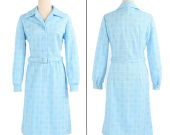Vintage 50s/60s Light Blue Checkered Long Sleeve Polyester Dress w/ Matching HY-TEX Belt
