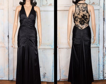 Vintage Jessica McClintock Black Ruched Satin Deep V-Neck Back Lace to Waist w/ Train Formal Maxi Dress - 4