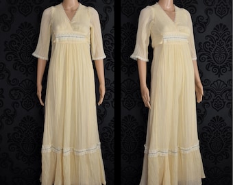 Women's Vintage 70's Audrey Marlett for Jack Kramer Pleated Cream Maxi Empire Waist Boho Prairie Dress