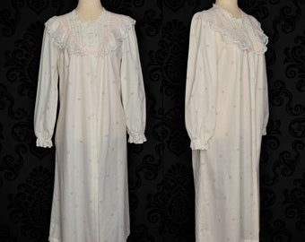 Vintage 80s/90s White Floral BETH MICHAELS Long Sleeve Snap Button Nightgown House Dress - S