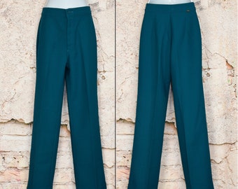 Pantalon de costume taille haute en polyester LEVI STRAUSS & CO pour femme bleu canard des années 70