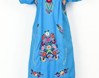 ヴィンテージ ブルー ハンド刺繍 オアハカ メキシカン マキシ ドレス 一点物 ヴィンテージブルー ARTESANIAS MICKEY 手刺繍 オアハカ メキシカン