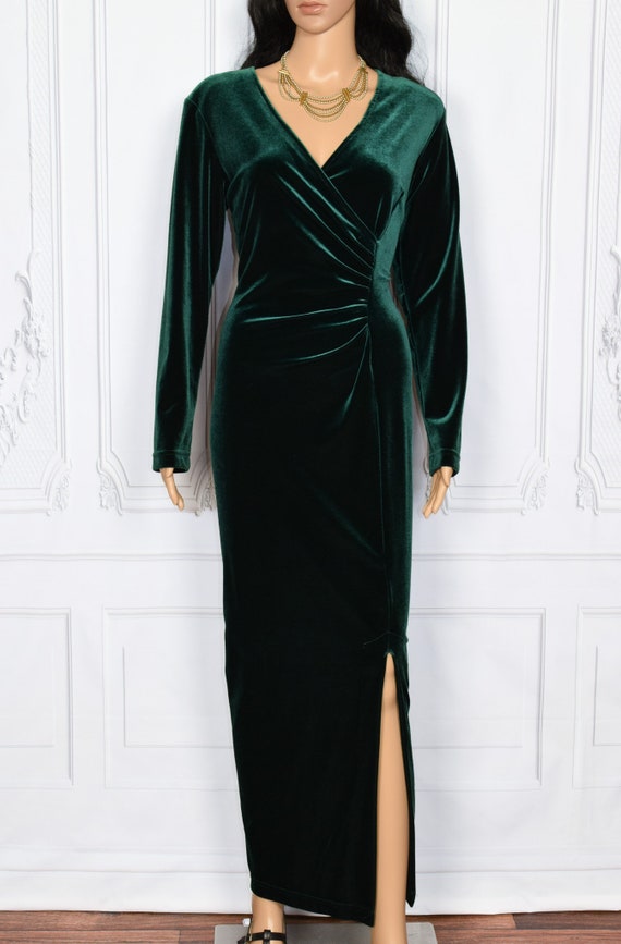 Vintage 90s Amanda Lane Green Velvet Formal Dress… - image 3