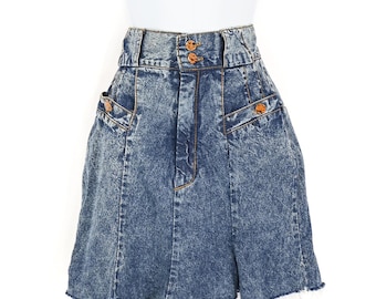 Vintage 80s Blue Acid Wash BREAKER High Waisted Cut-Off Hem Denim Mini Skirt - 5